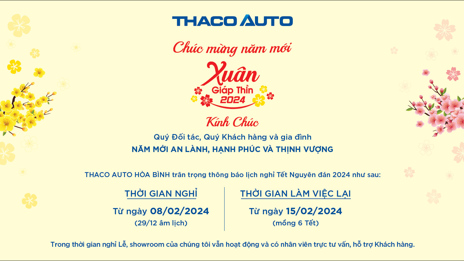 THACO AUTO HÒA BÌNH THÔNG BÁO LỊCH TRỰC TẾT GIÁP THÌN 2024